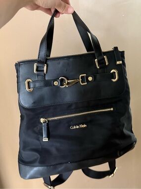 Calvin Klein Black Nylon & Leather Convertible Backpack Tote with Gold Hardware